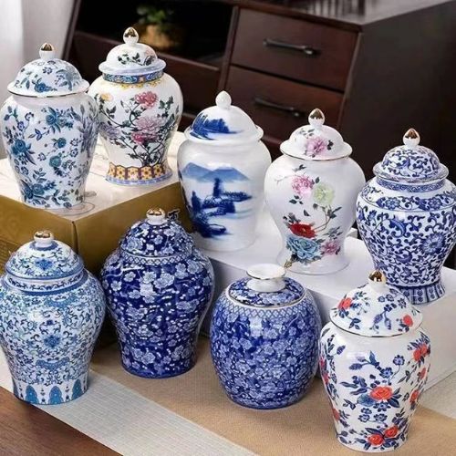 blue and white ceramic ginger jars